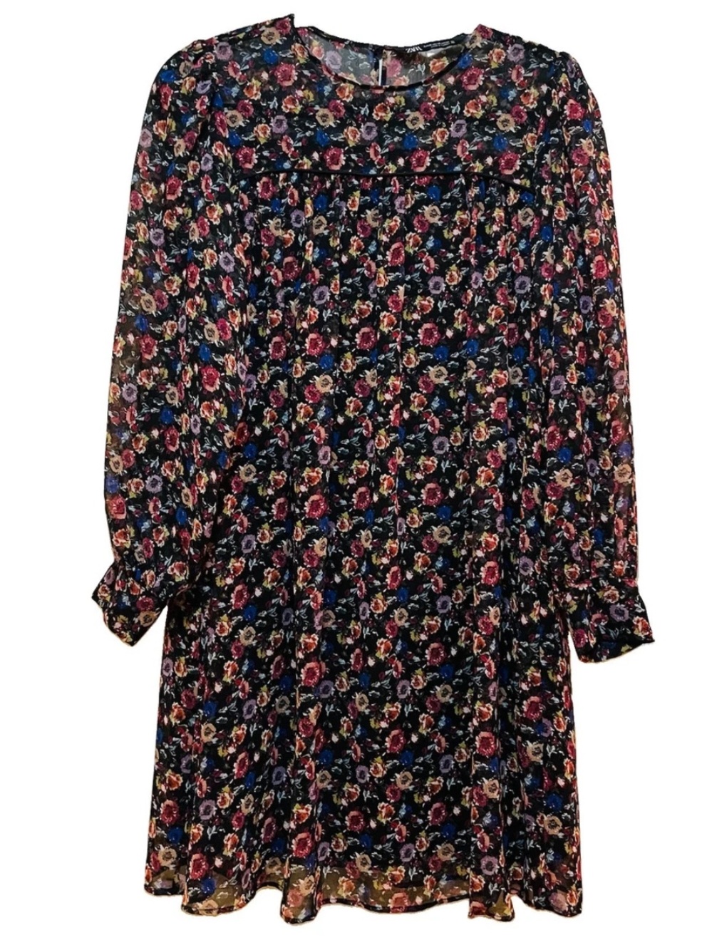 Zara Black Floral Chiffon Long-Sleeve Mini Dress